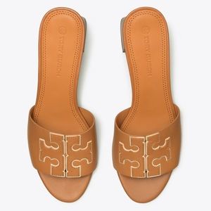 Tory Burch Ines Mid Heel Slide With Dust Bag Tan Gold Size 7